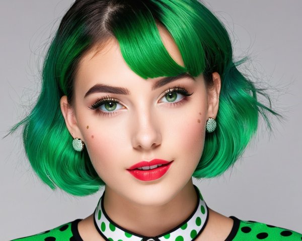 Portrait of a Young Woman with Green Hair and Bold Makeup