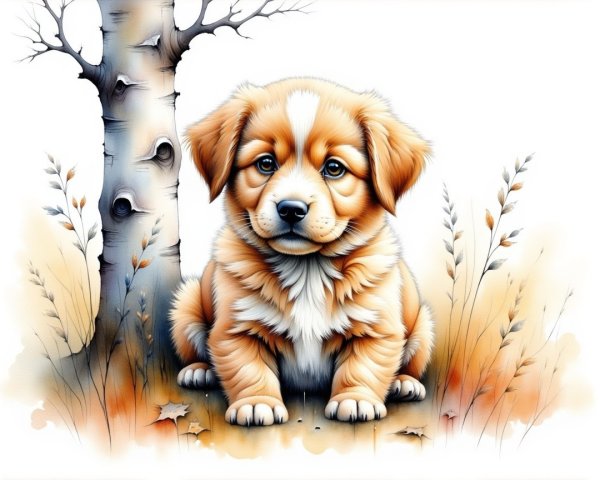 Fluffy Puppy on Soft Autumn Ground with Bare Tree