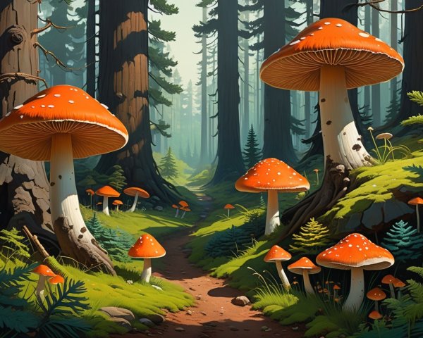 Serene forest pathway with vibrant mushrooms and ferns