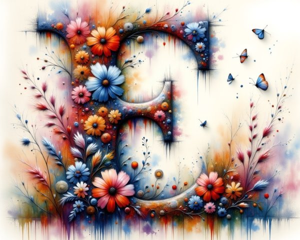 Stylized Letter E with Colorful Flowers and Butterflies