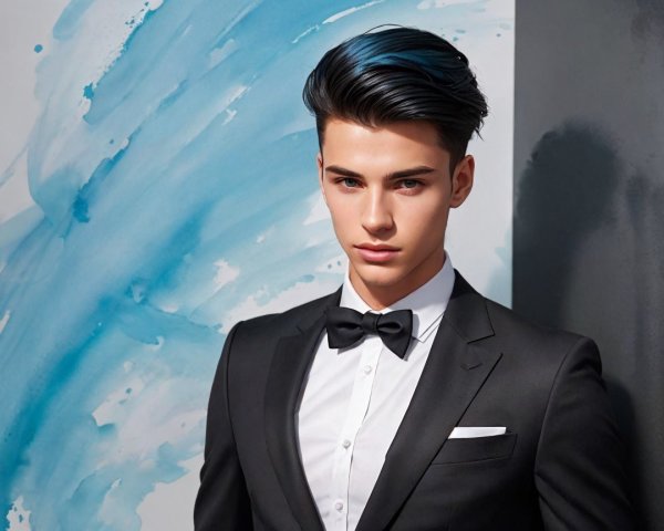 Young man in black tuxedo with blue highlights