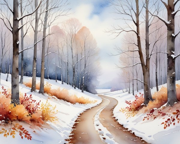 Winter Landscape with Snow and Autumn Foliage