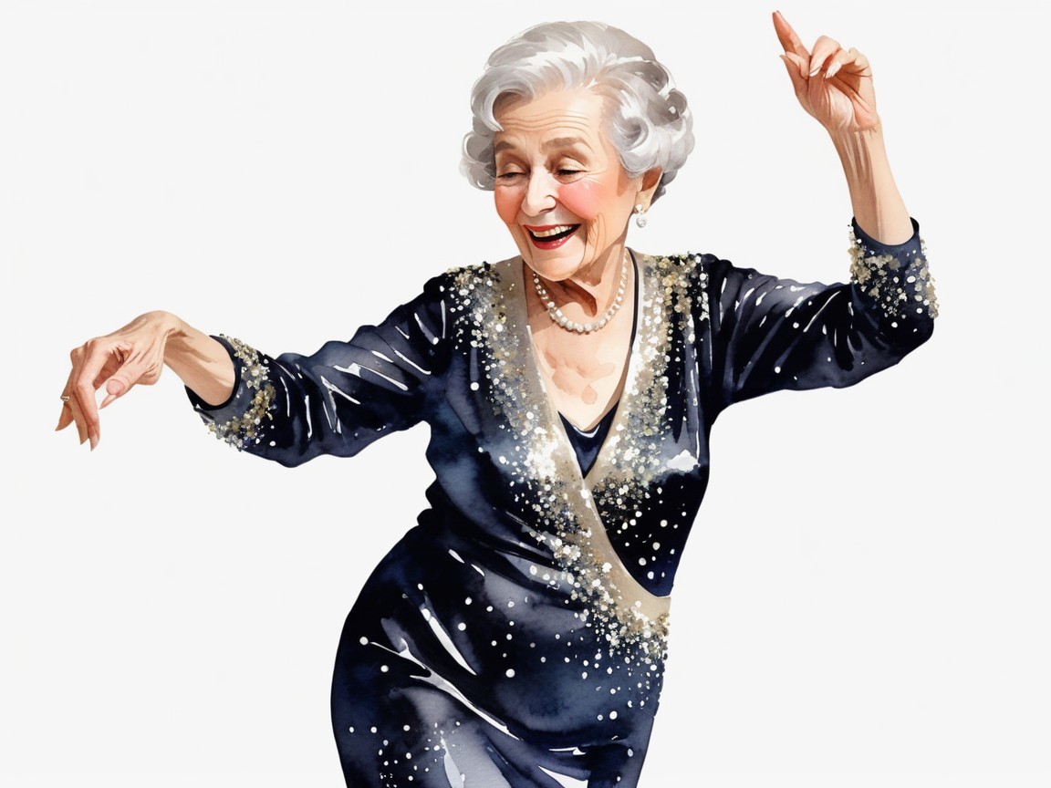 Digital Watercolor of Joyful Elderly Woman Dancing
