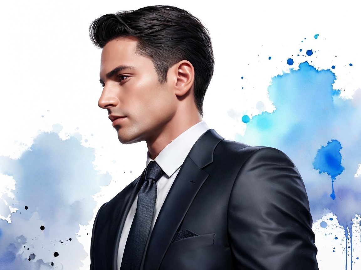 Young man in black suit with blue watercolor background