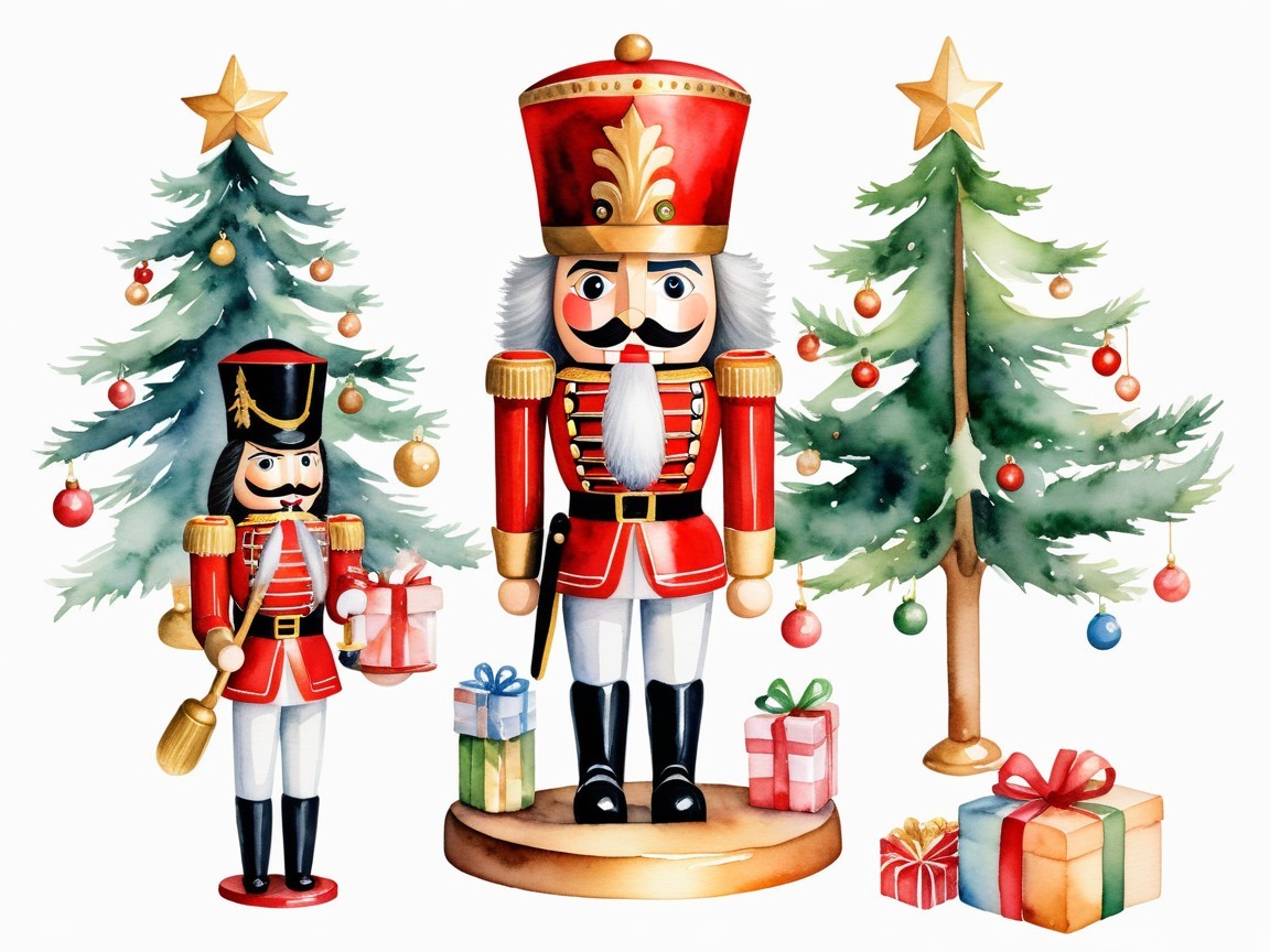 Colorful Nutcracker Figurines and Decorated Christmas Trees