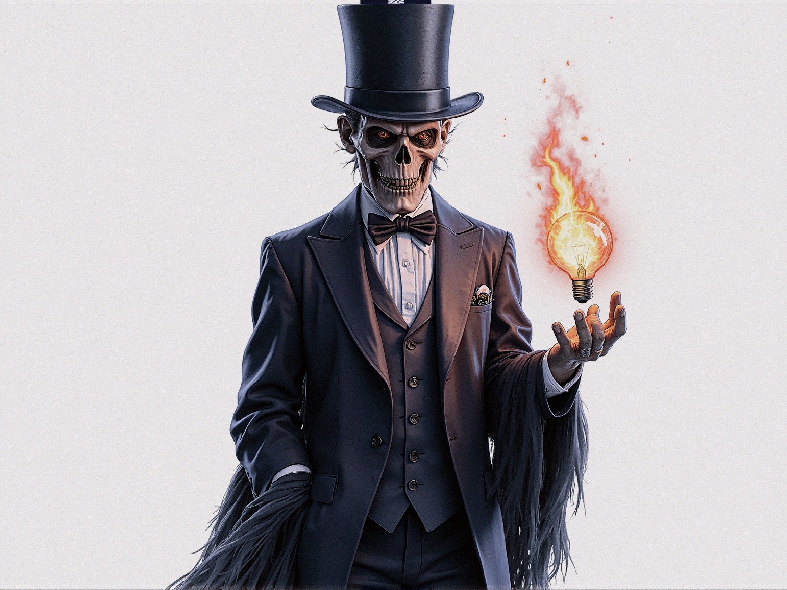 Skeletal Figure in Tuxedo with Glowing Light Bulb