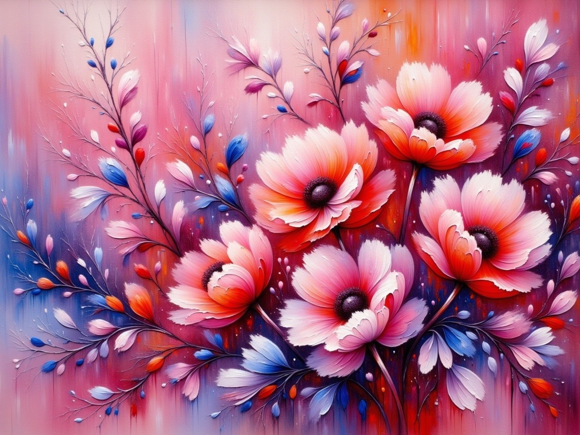 Vibrant Floral Painting of Pink Anemones and Background