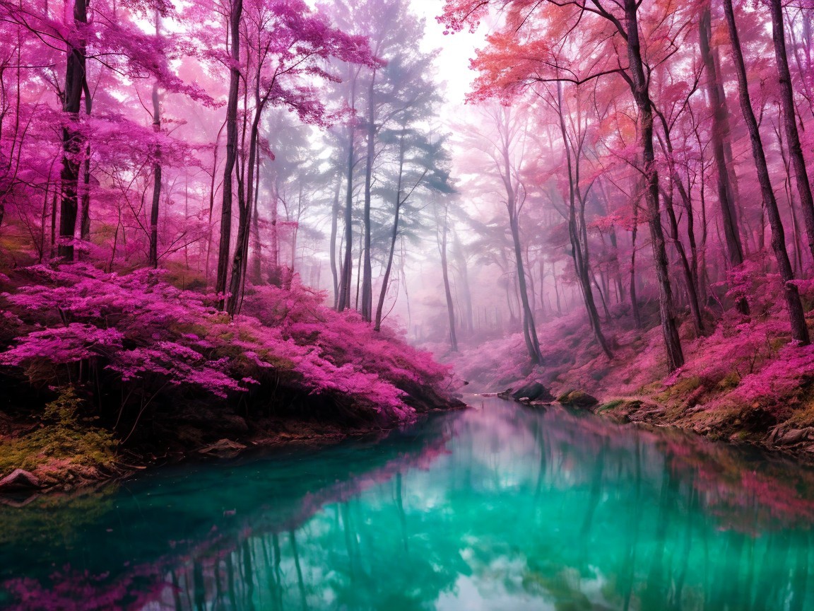 Tranquil River Surrounded by Lush Pink Trees