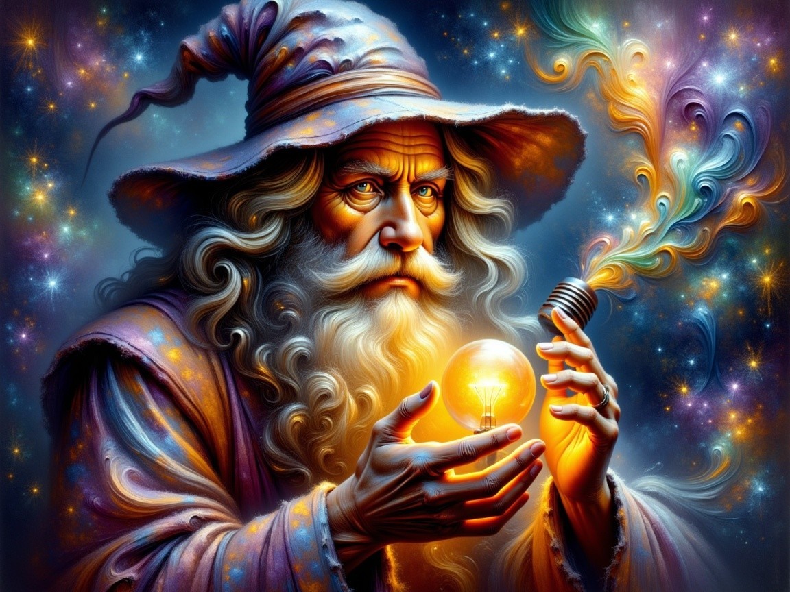 Mystical wizard in cosmic backdrop with glowing light bulb