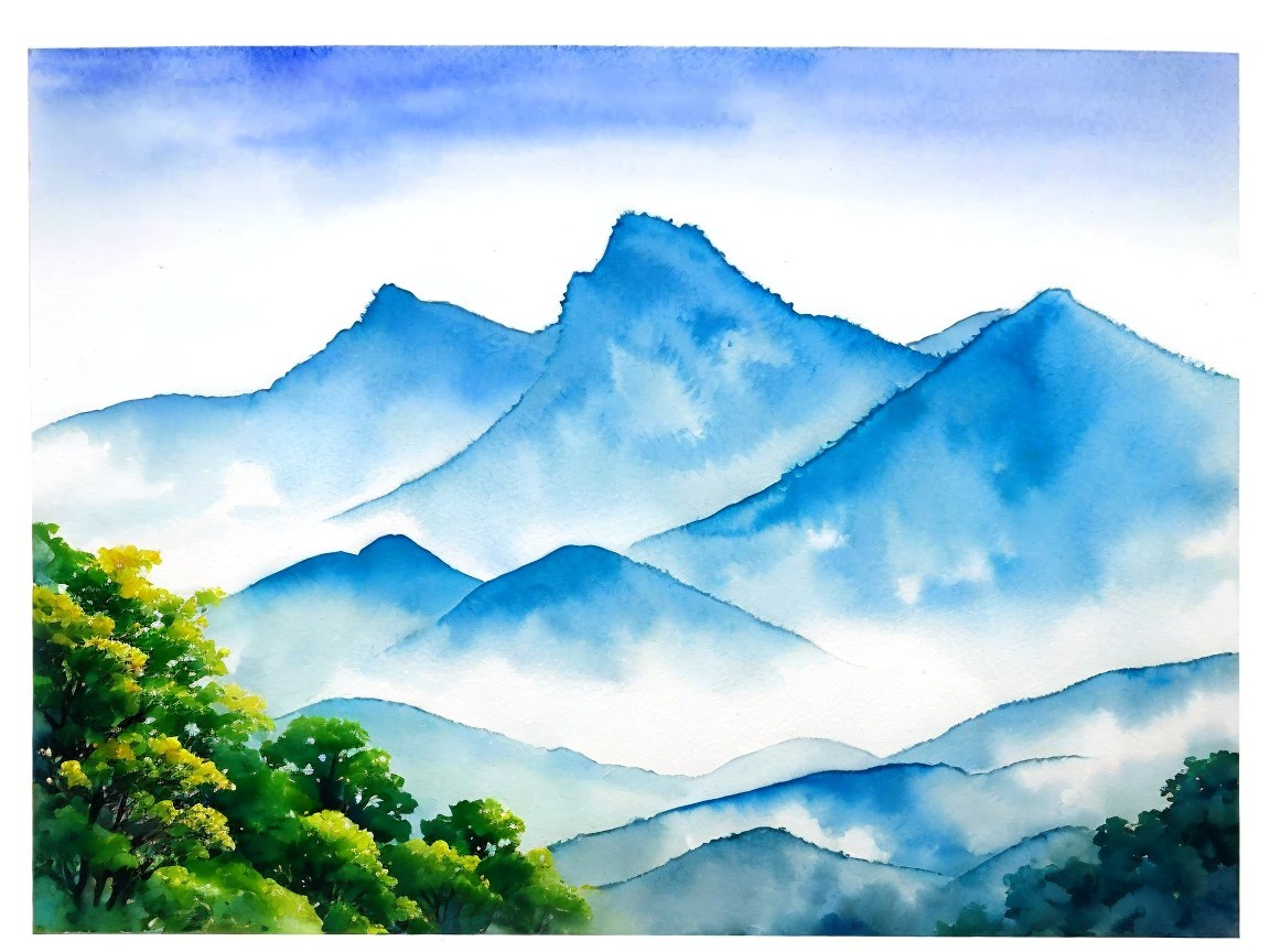 Serene Mountain Landscape in Soft Watercolor Hues