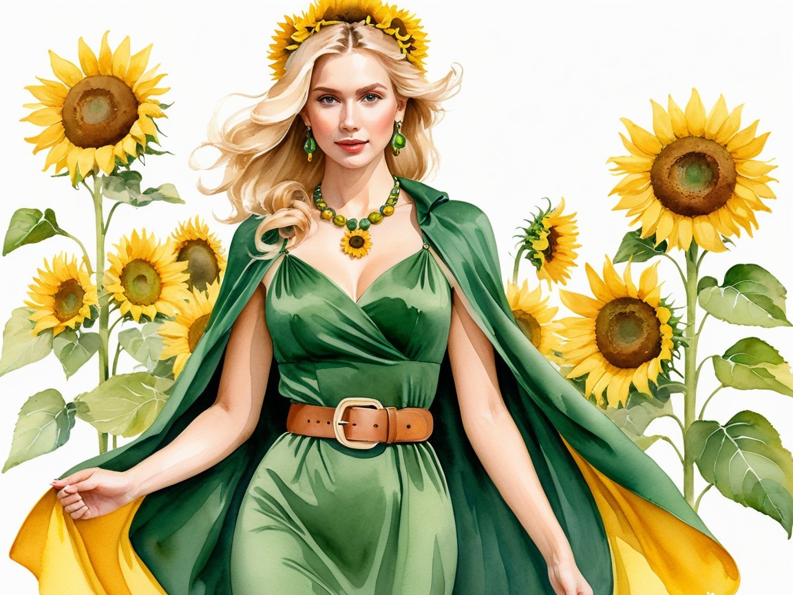 Woman in Green Gown Surrounded by Sunflowers