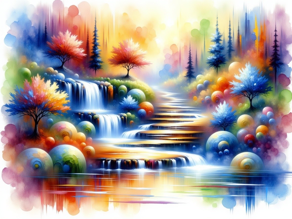 Vibrant Abstract Landscape with Waterfalls and Orbs