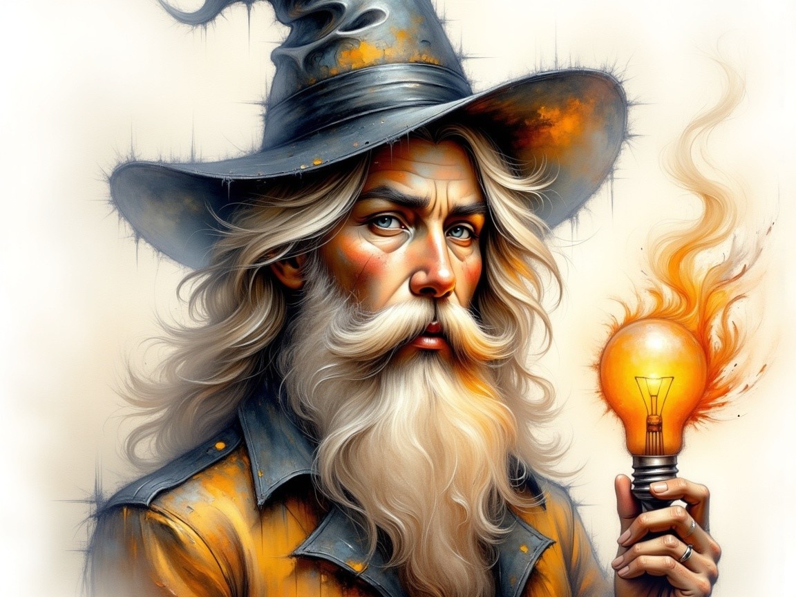 Elderly wizard with glowing light bulb and mystical hat