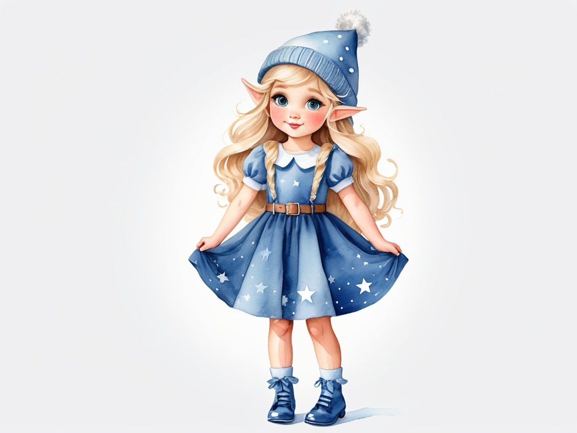 Watercolor depiction of a cute fairy girl in blue attire