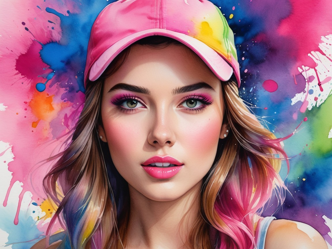 Colorful Portrait of a Young Woman in a Pink Cap
