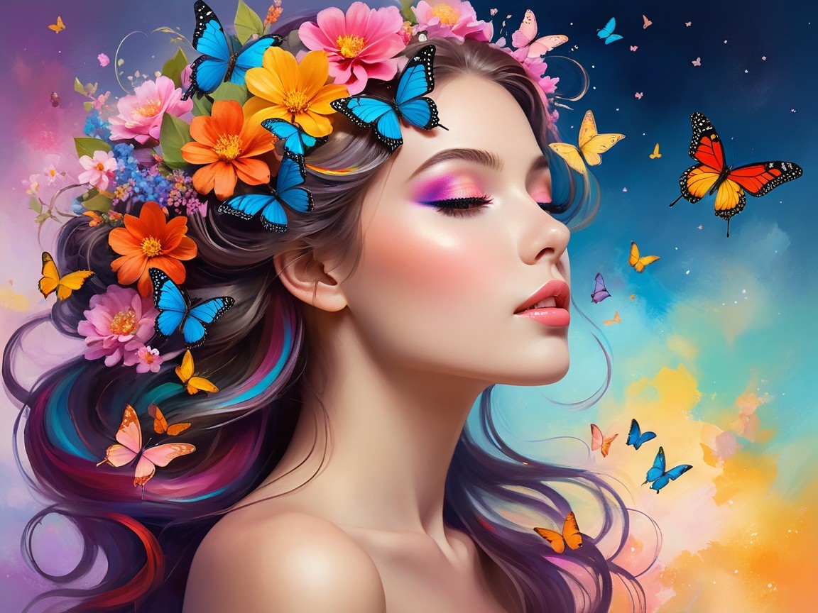 Serene Woman with Floral Crown and Colorful Butterflies