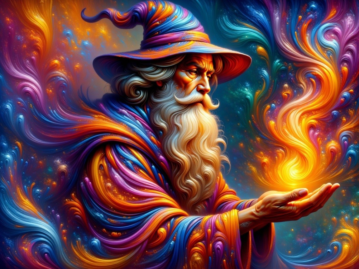 Ornate Wizard with Glowing Orb in Mystical Setting