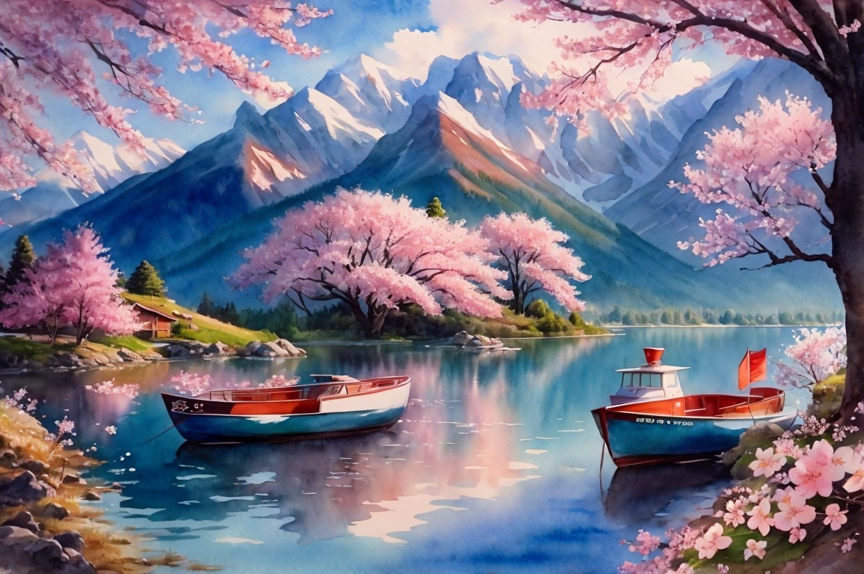 Tranquil Lake Surrounded by Cherry Blossoms and Mountains