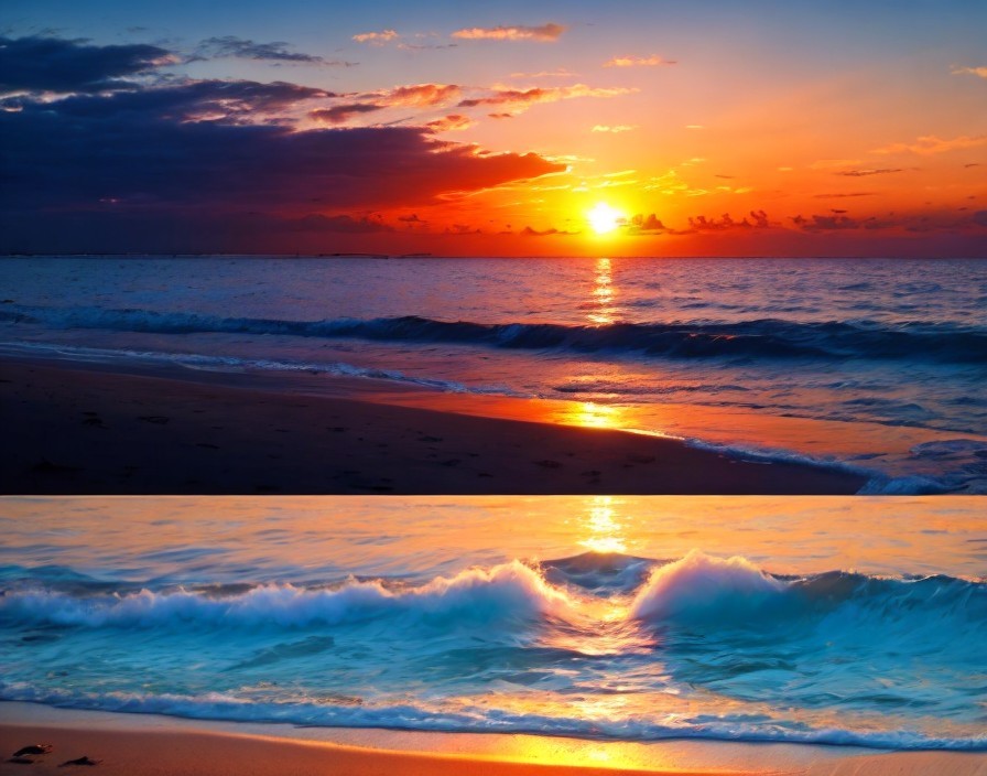 Vibrant Sunset Over Ocean with Calm Shoreline