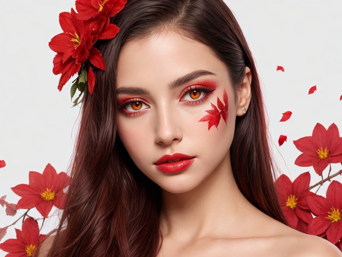 Young woman with vibrant red makeup and floral theme