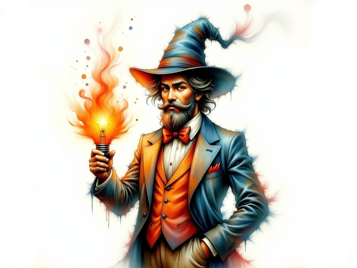 Stylish Wizard with Glowing Light Bulb and Flames