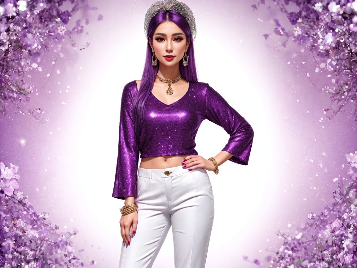 Fashionable Woman with Purple Hair and Stylish Outfit