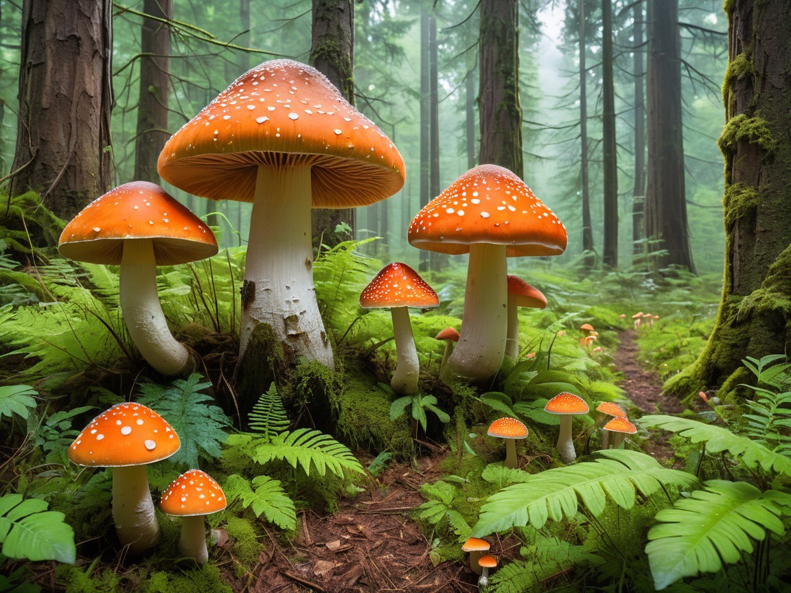Vibrant Orange Mushrooms in a Serene Forest Scene