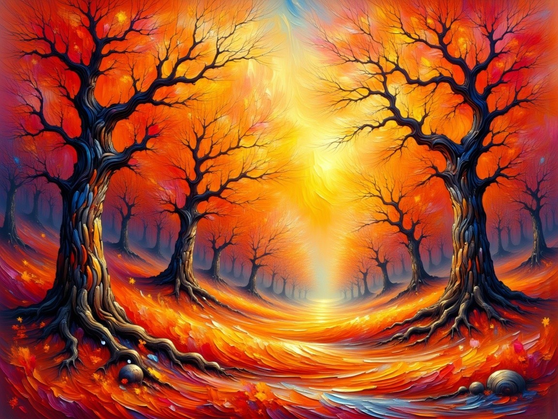 Vibrant Autumn Landscape with Twisted Trees and Leaves
