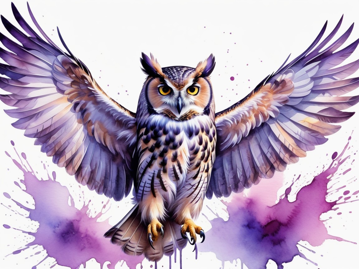Majestic owl with yellow eyes and colorful watercolor backdrop