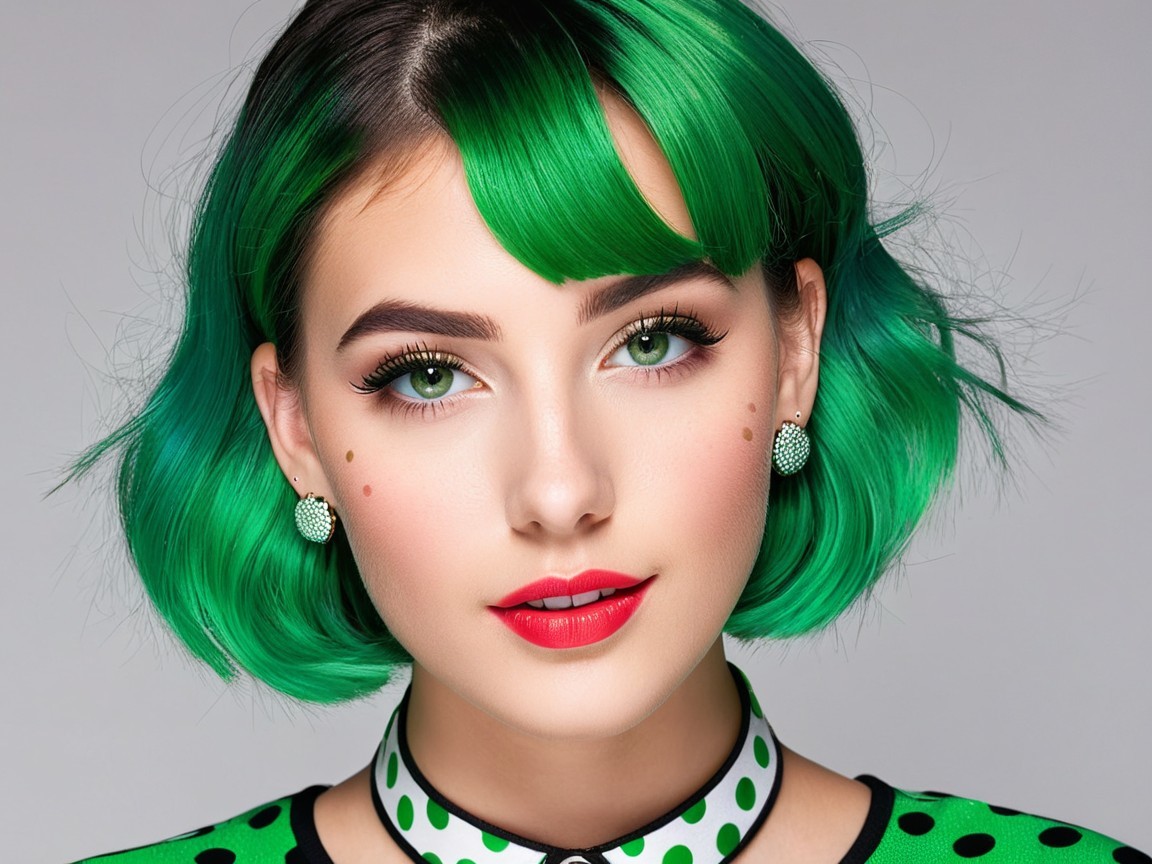 Portrait of a Young Woman with Green Hair and Bold Makeup