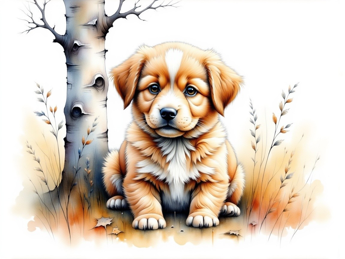 Fluffy Puppy on Soft Autumn Ground with Bare Tree