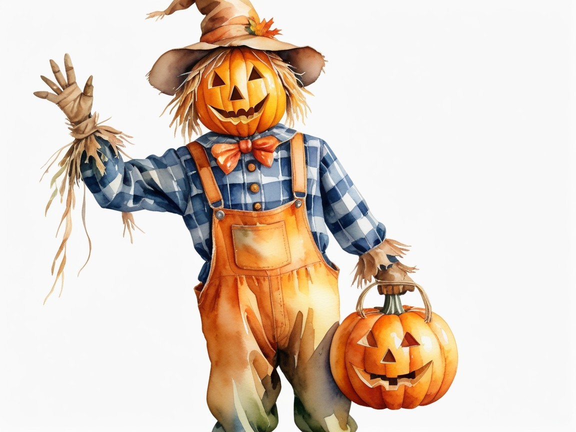 Whimsical Scarecrow with Pumpkin Head in Autumn Scene