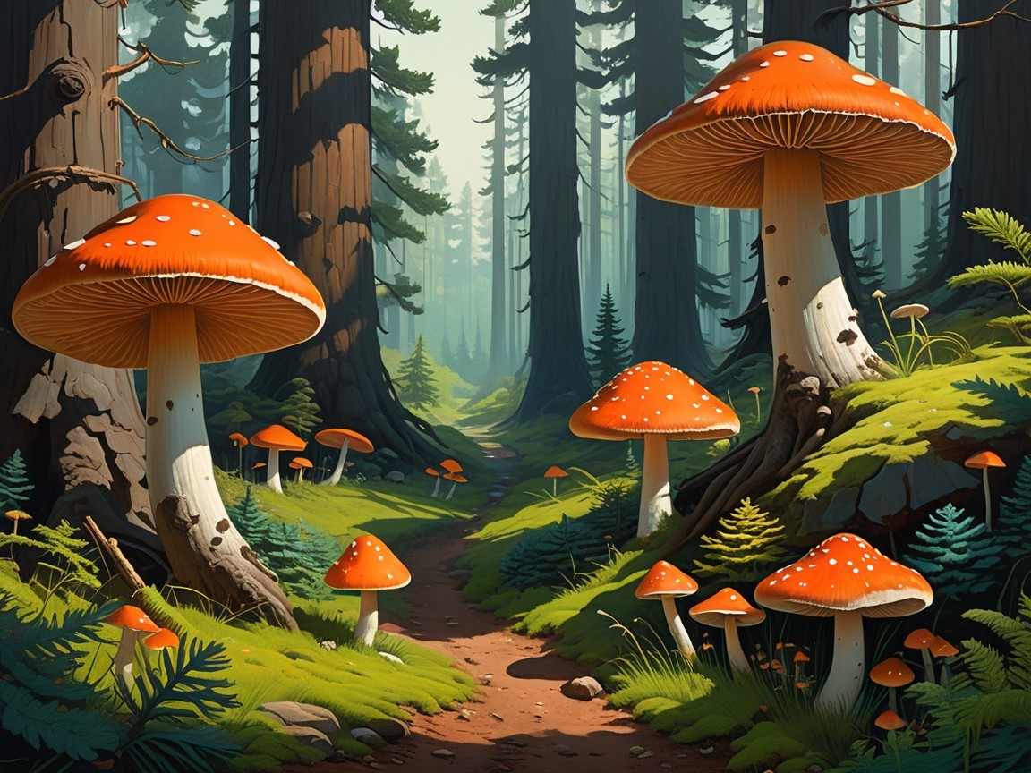 Serene forest pathway with vibrant mushrooms and ferns