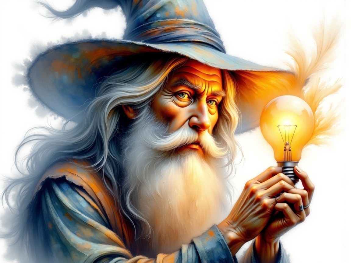 Wise Old Wizard with Light Bulb Symbolizing Knowledge
