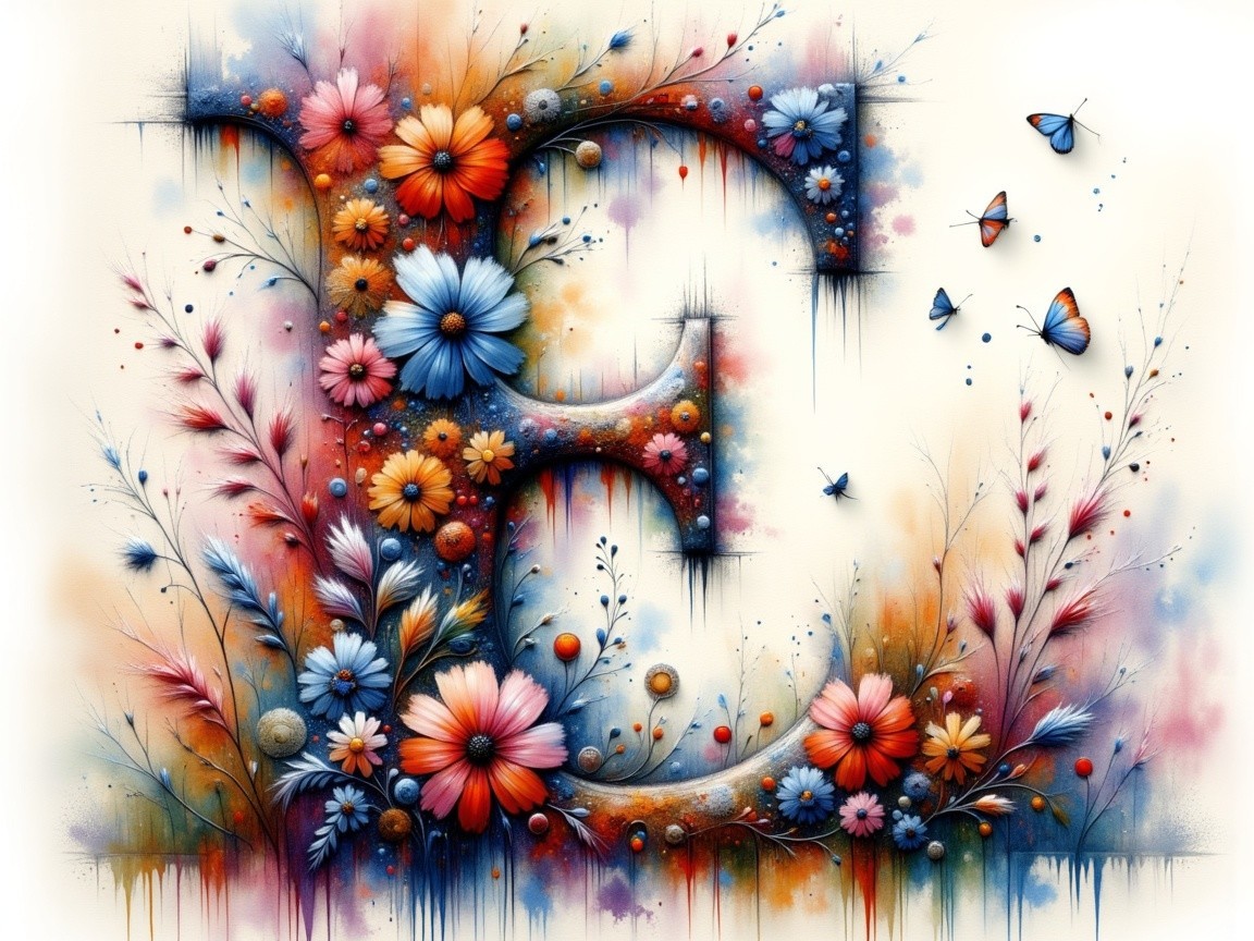 Stylized Letter E with Colorful Flowers and Butterflies