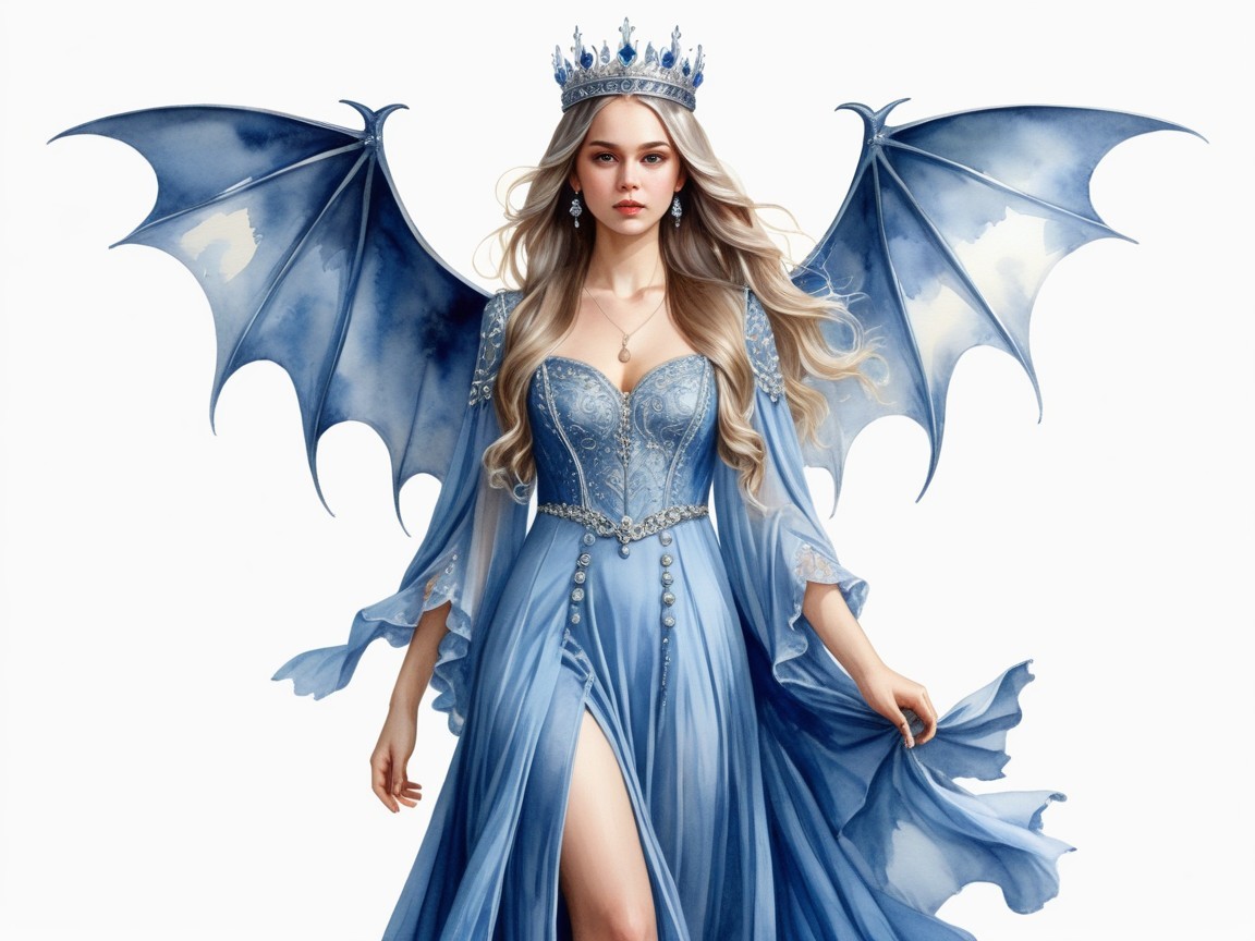 Regal figure in blue gown with bat-like wings
