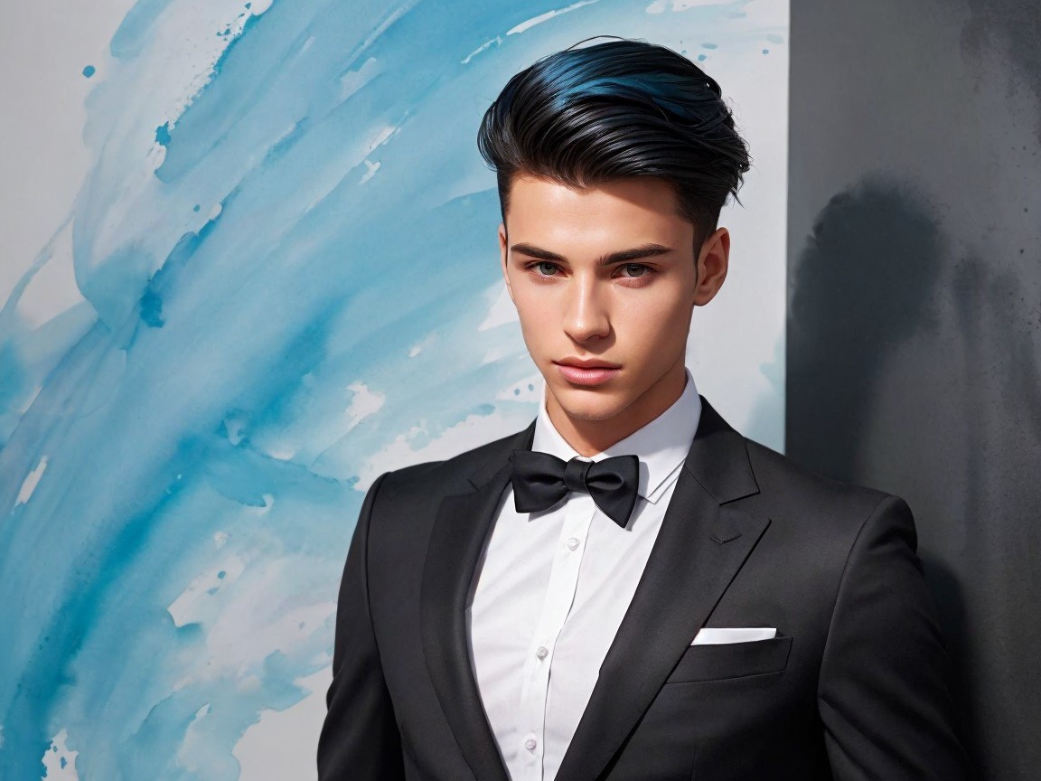 Young man in black tuxedo with blue highlights