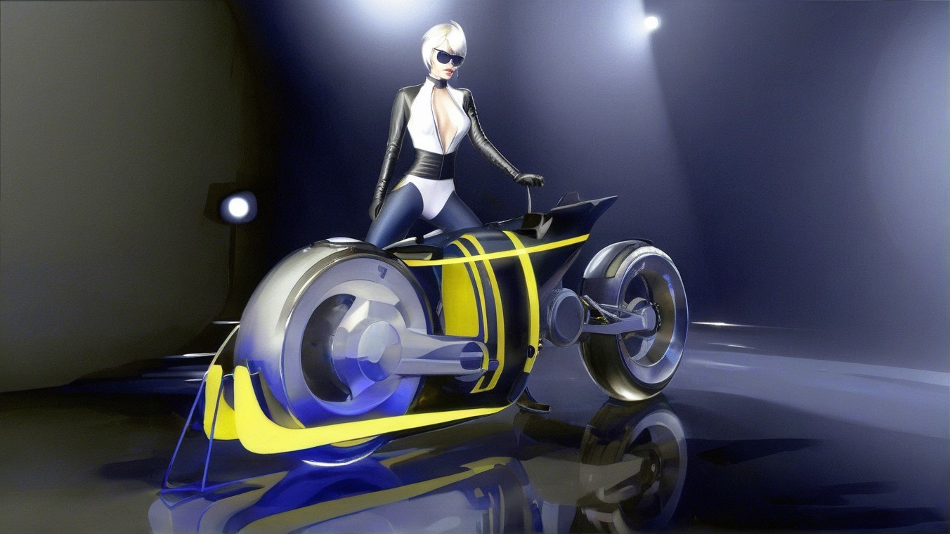 Futuristic Motorcycle with Stylish Figure in Dim Lighting