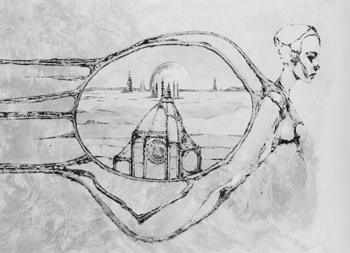 Surreal Monochromatic Illustration of a Dreamlike Landscape
