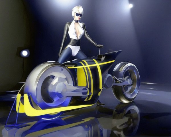 Futuristic Motorcycle with Stylish Figure in Dim Lighting