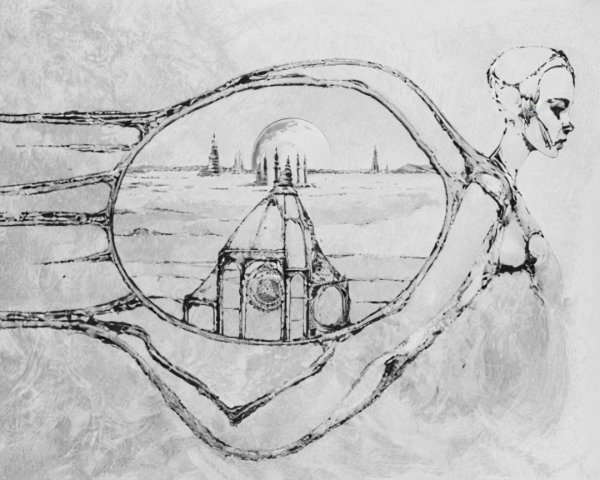 Surreal Monochromatic Illustration of a Dreamlike Landscape