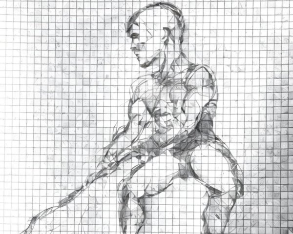Muscular Humanoid Sitting on Rock with Grid Background