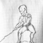 Muscular Humanoid Sitting on Rock with Grid Background