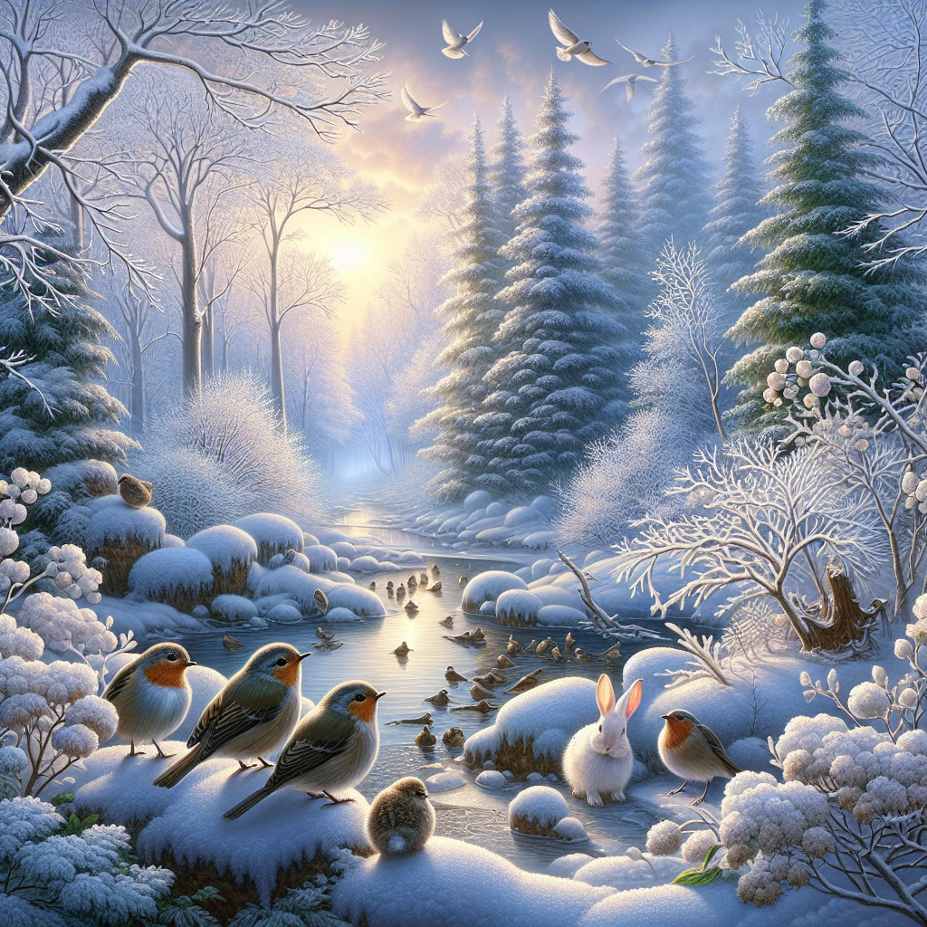 Serene Winter Forest Landscape at Sunrise with Wildlife