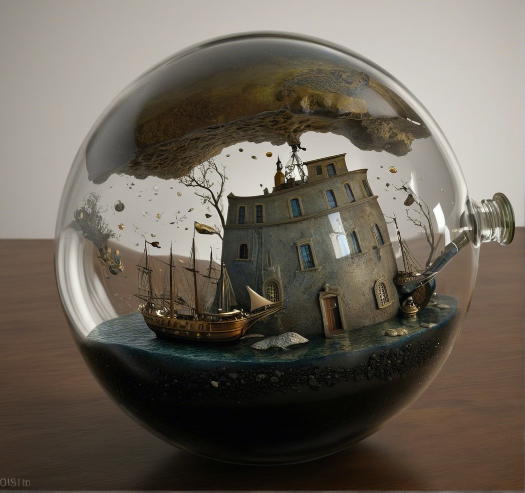 Miniature Scene in Glass Orb with Vintage Ships