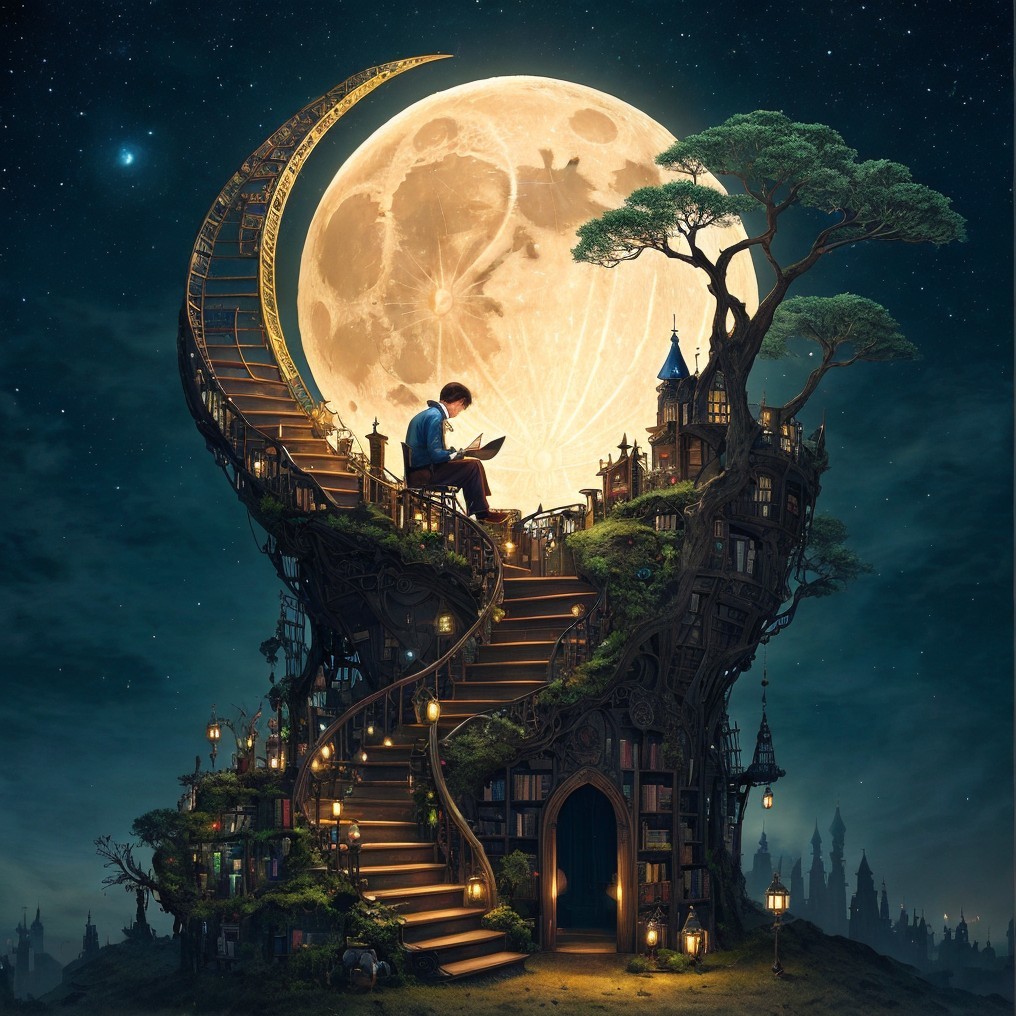 Whimsical Treehouse Under a Full Moon at Night