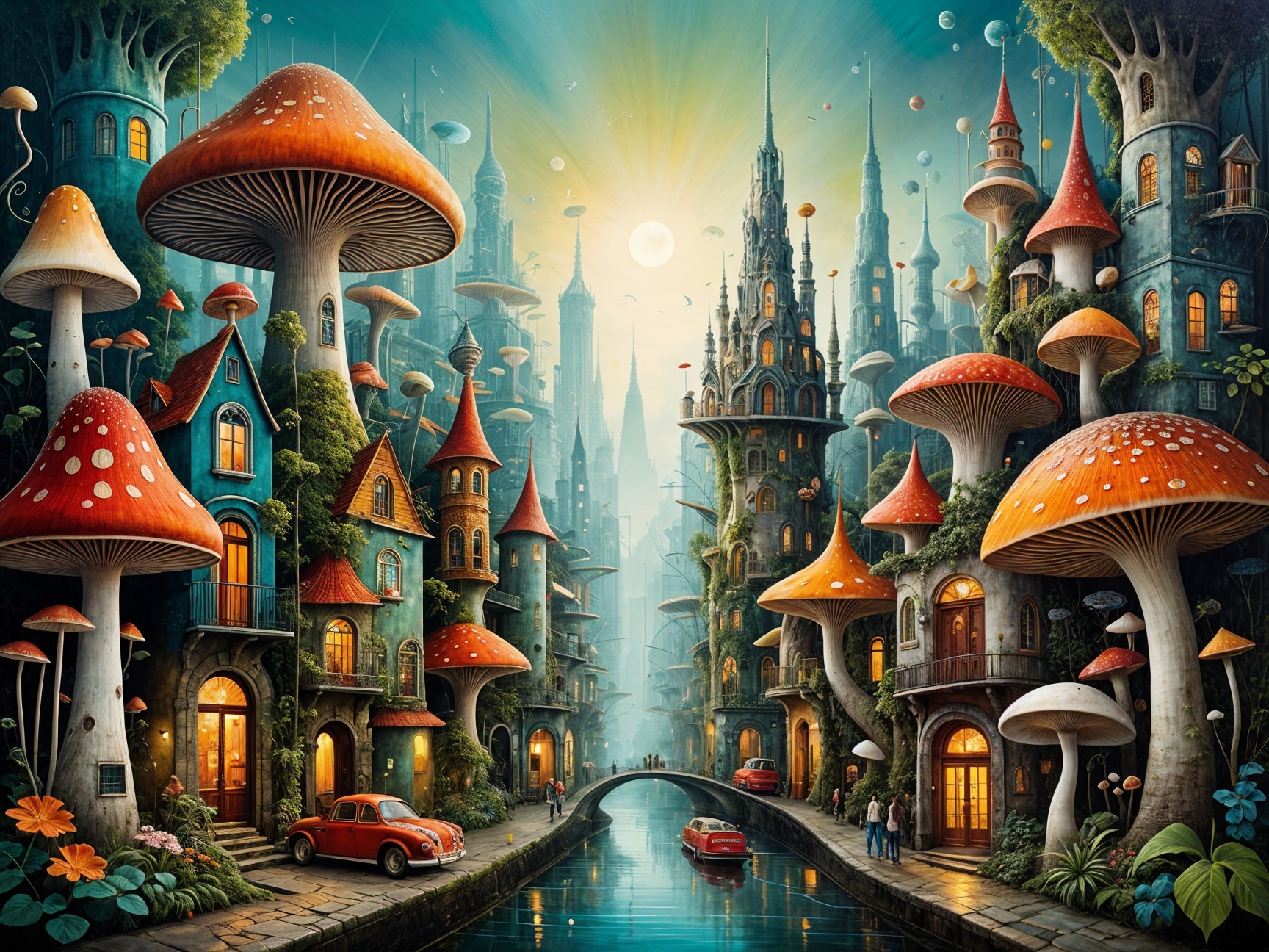 Whimsical Cityscape with Mushroom Trees and Canals