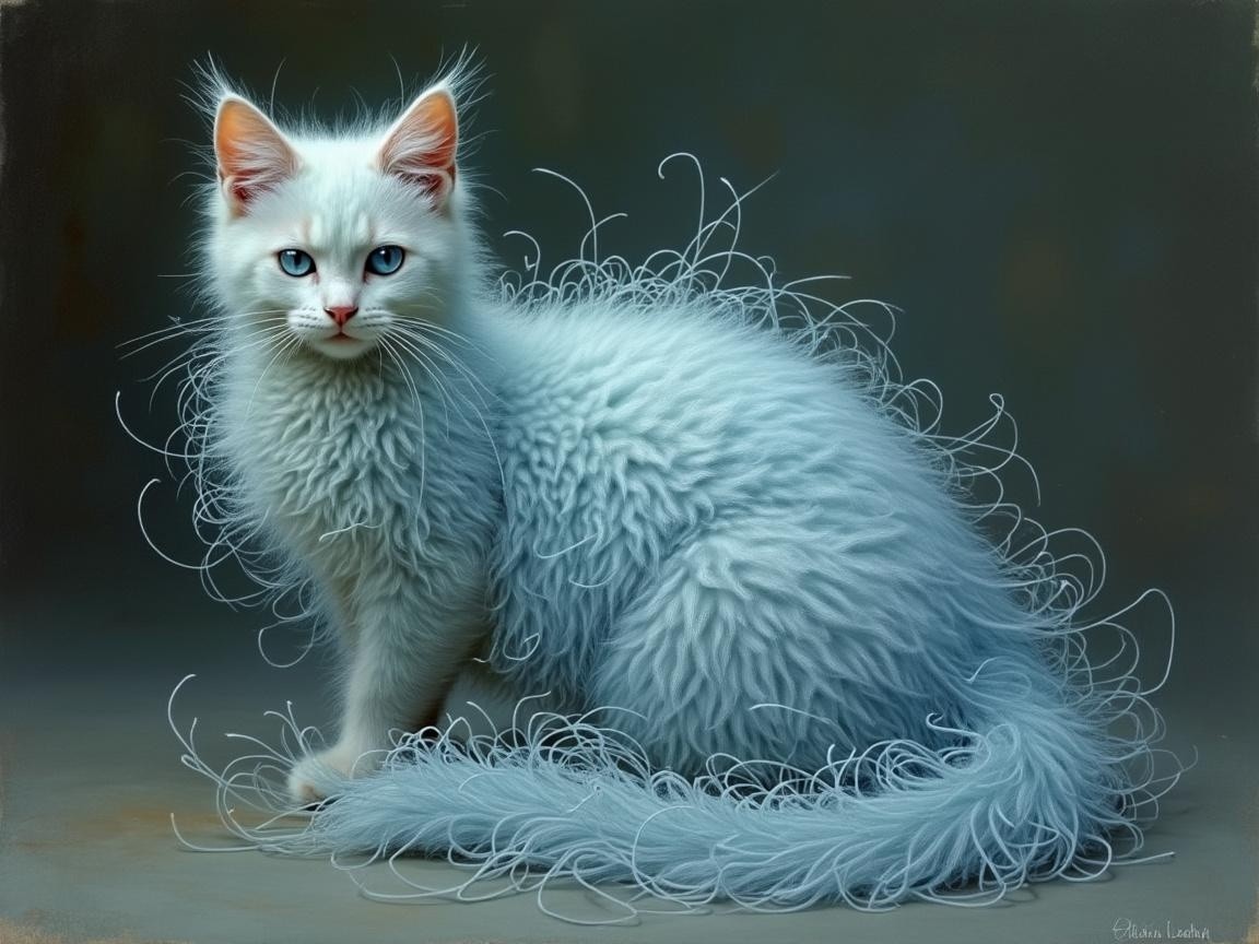 Fluffy White Cat with Curly Coat and Blue Eyes