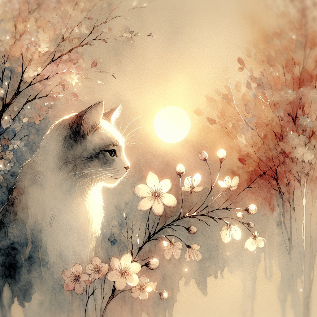 Watercolor Cat Silhouette with Cherry Blossoms and Sun