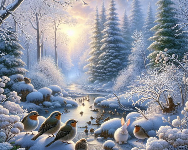 Serene Winter Forest Landscape at Sunrise with Wildlife